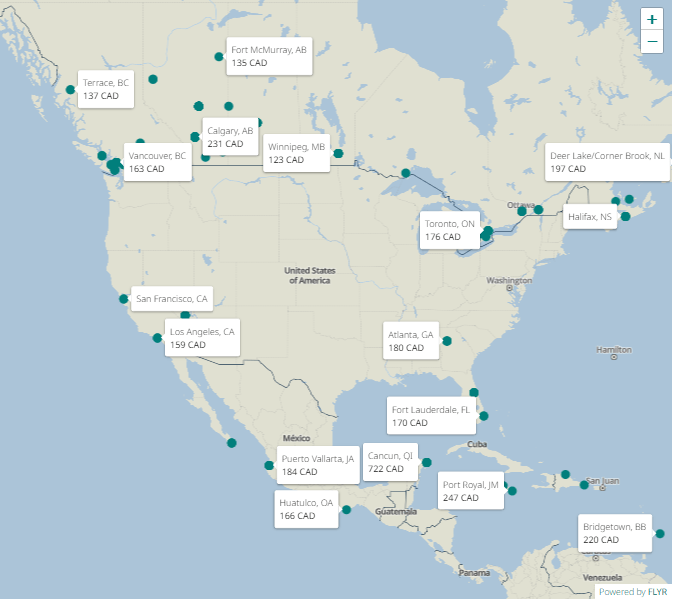 WestJet Hamilton Destinations Map  