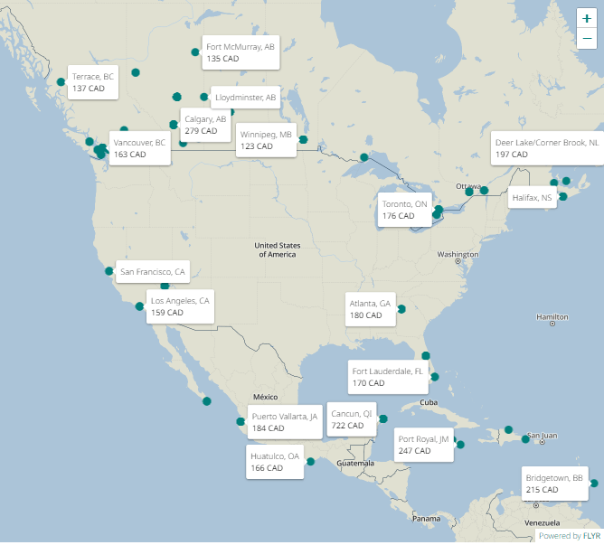 WestJet Halifax Destinations Map  
