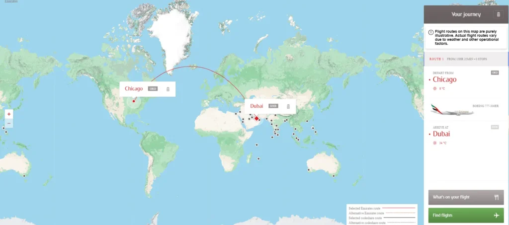 Emirates Chicago Destinations Map 