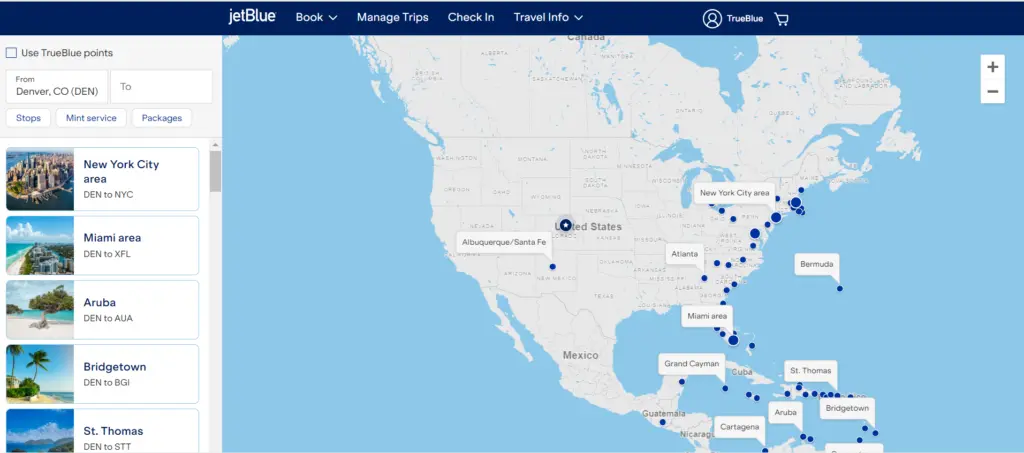 JetBlue Denver Destinations Map 