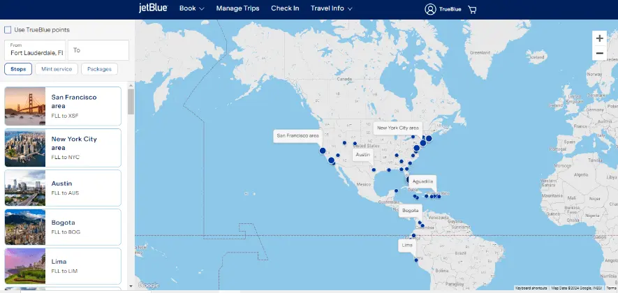 JetBlue Fort Lauderdale Destinations Map 
