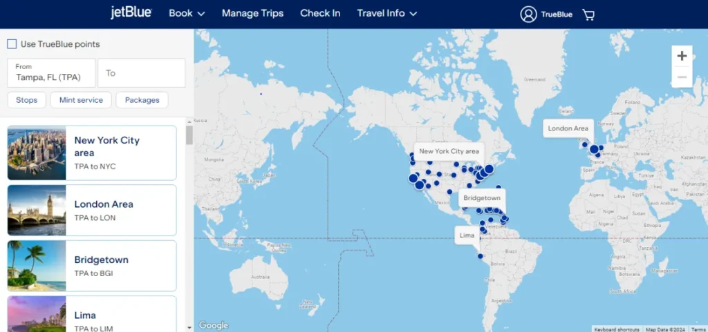 JetBlue Tampa Destinations Map 