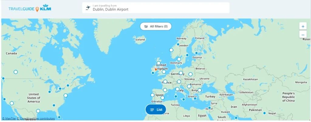 KLM Dublin Destinations Map 