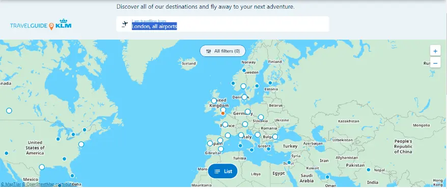 KLM London Destinations Map 