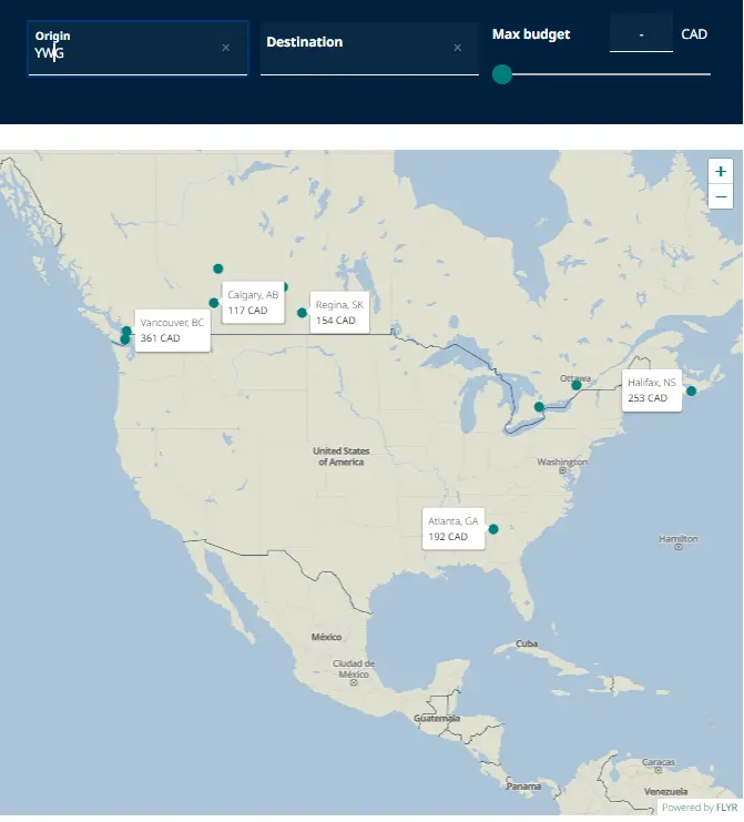 WestJet Winnipeg Destinations Map 