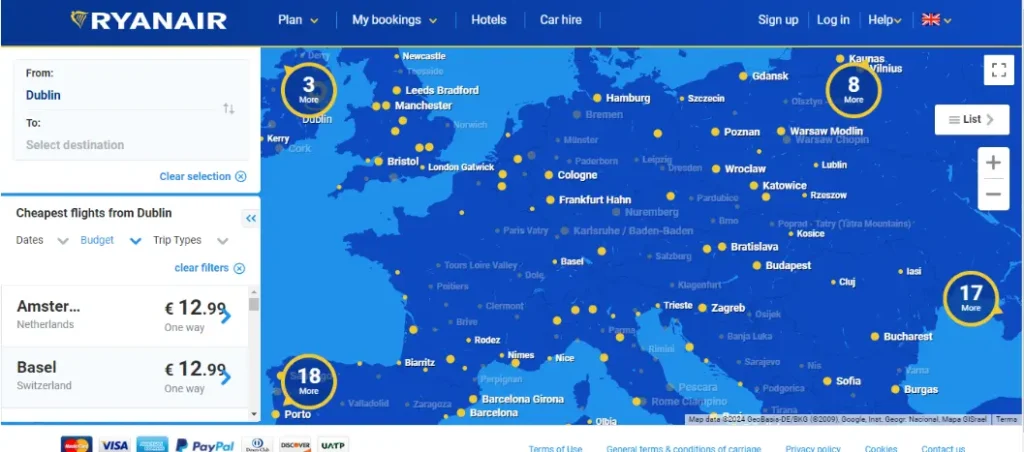 Ryanair Dublin Destinations Map 