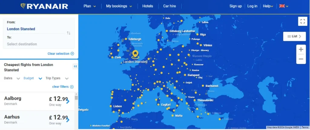 Ryanair London Destinations Map 