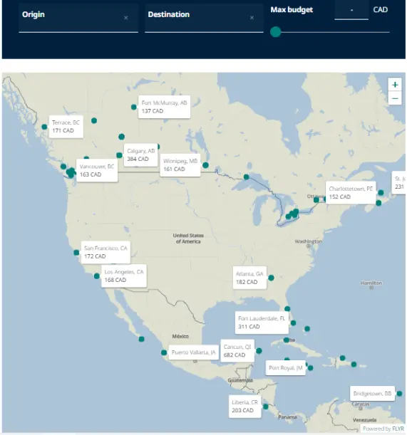 WestJet Ottawa Destinations Map 